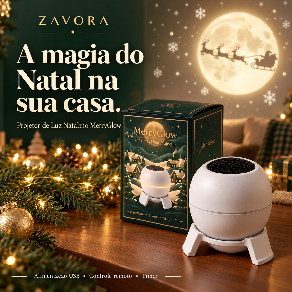 Projetor de Luz Natalino MerryGlow – USB, Controle Remoto e Timer