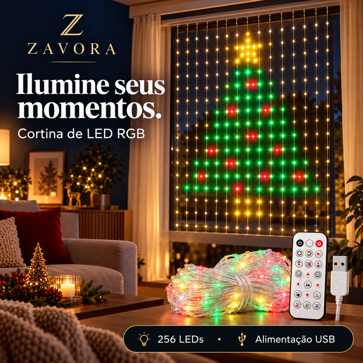 Cortina de LED RGB 1,6 m com Controle por Aplicativo – 256 LEDs USB